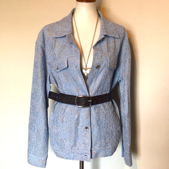 NWT DOLCE CABO Women's Blue Lace Overlay Jersey Lined Jacket Size Medium - Picture 8 of 11